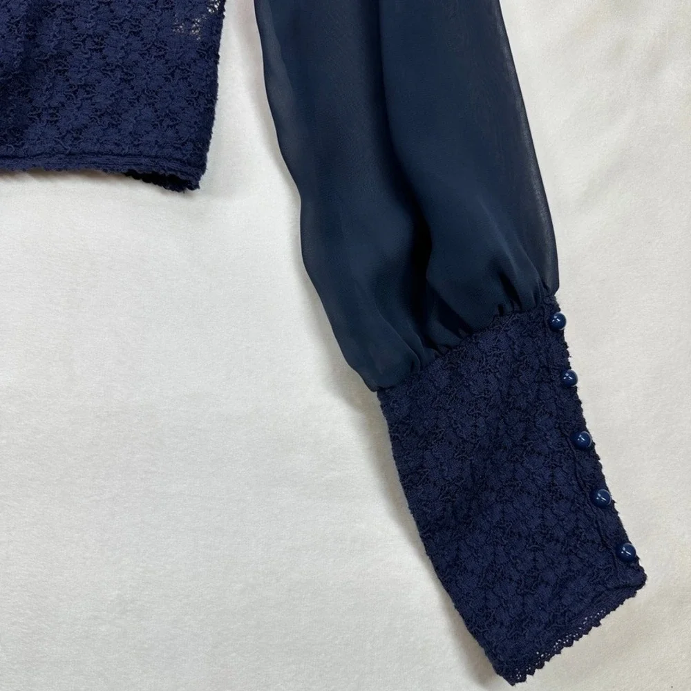 Free‎ People Navy Blue Textured Top Sheer Balloon Long Sleeve Blouse XS